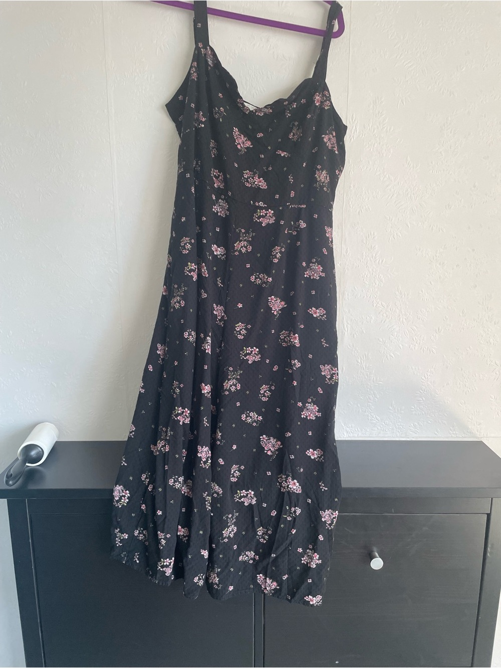 Lucky Brand Black Midi Slip Dress with Pink Floral Print